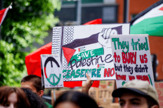 Several handwritten protest signs in support of Palestinian freedom and an end to the genocide