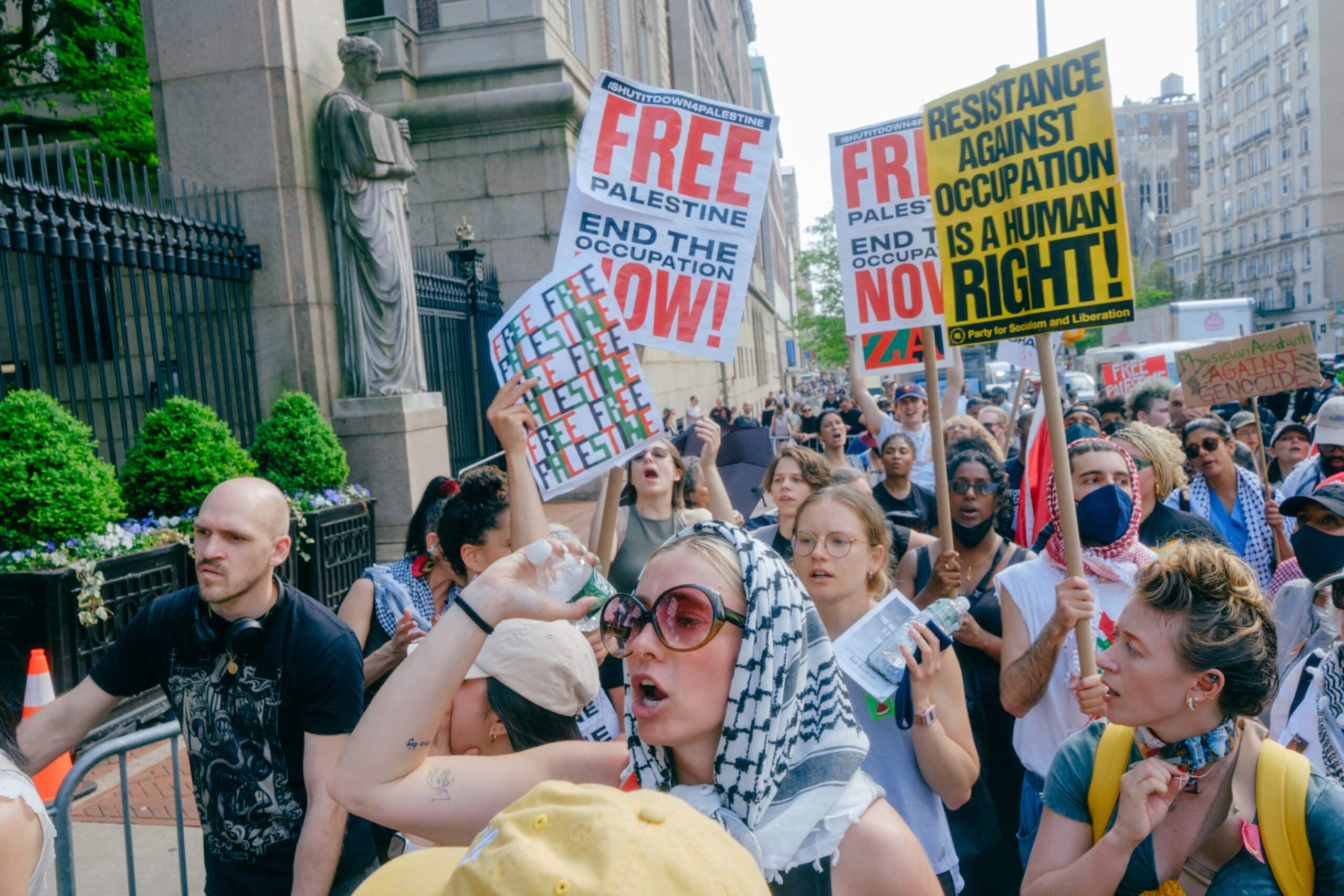 Pro-Palestine Protesters outside the gates of Columbia University in 2024.